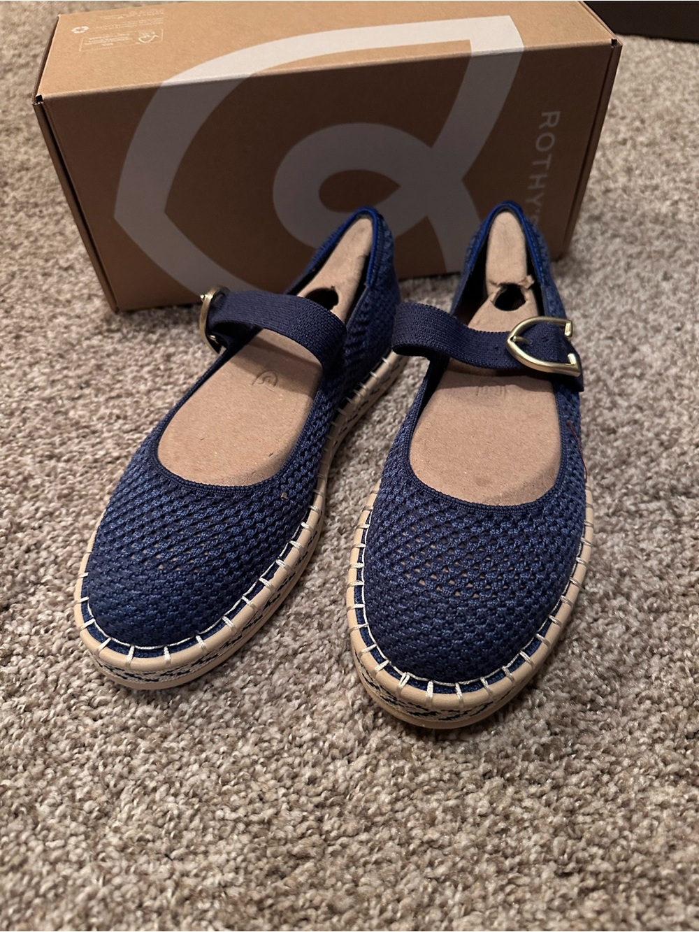 Rothy's Navy Knit Mary Jane Espadrilles with Gold Buckle